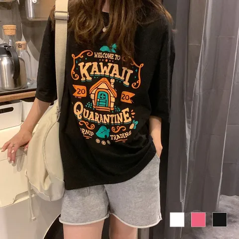 티셔츠 카와이 프린팅 면 반팔티 레트로 박스티 데일리 셔츠