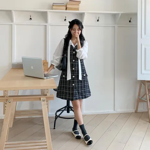 |CHD2A11|여성 트위드 민소매 드레스 블라우스 조합