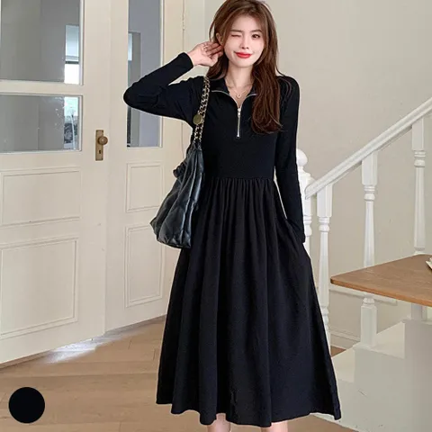 원피스 OPS 홈웨어 올블랙 칼라감 반집업 스타일 A라인 롱
