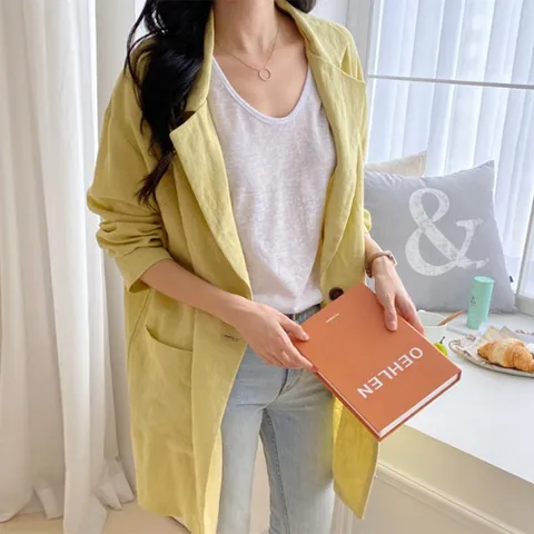 여자 여름 오피스룩 10컬러 싱글 버튼 롱 린넨 자켓_3