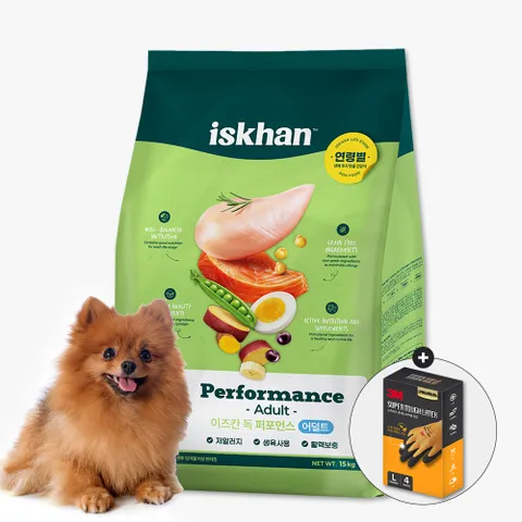 이즈칸 독 퍼포먼스 어덜트 15kg 강아지 사료 +3M 라텍스 레져용 장갑 오렌지 4개입 L