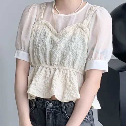 여성 셔링 레이어드 뷔스티에 반팔 블라우스