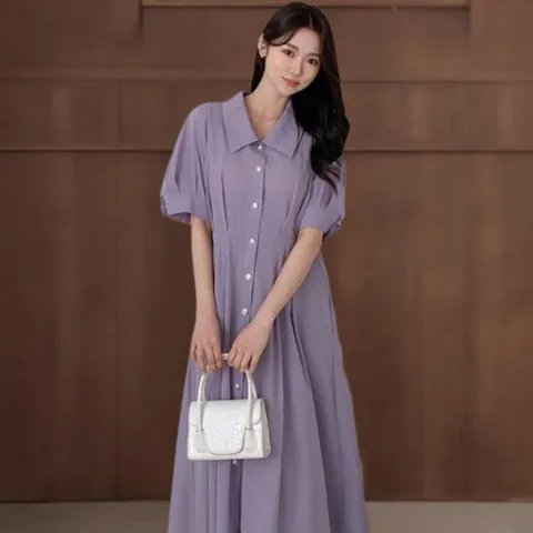 |CDO5451|여성용 간결한 퍼프소매 카라넥 핀턱 미디 원피스