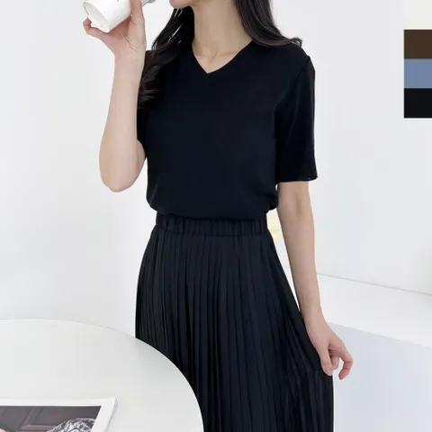 국산 여성용 린넨 여름 브이넥 반팔 니트티셔츠 +할인쿠폰