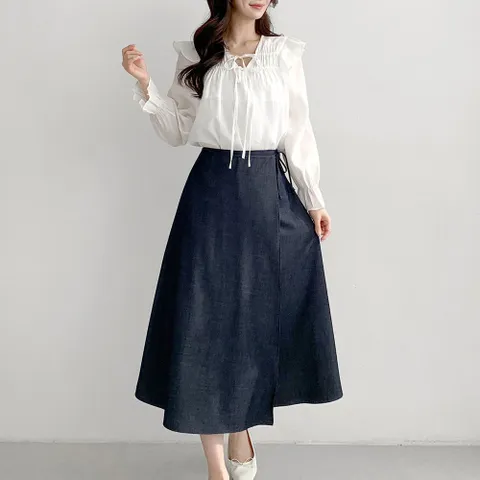 여자 데이트룩 봄옷 리본 랩치마 데님 스판 롱스커트