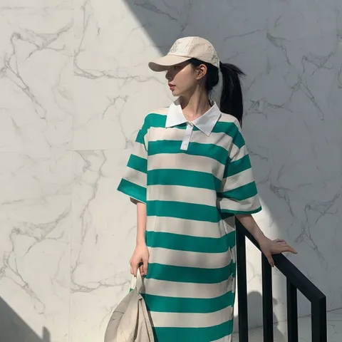 |KHO5A9A|여성 카라넥 스트라이프 롱 원피스 사이드 트임