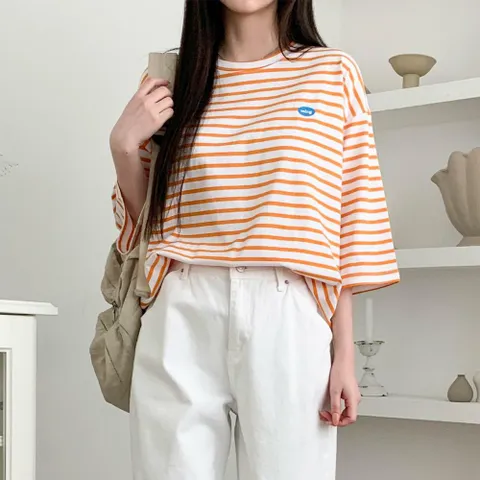 여자 하프 시즌리스 단가라 박시핏 줄무늬 코튼 티셔츠