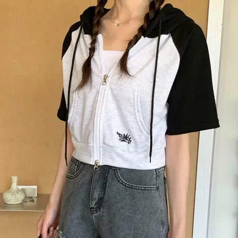 여자 여름 심플 배색 나그랑 포켓 캐주얼 후드 집업