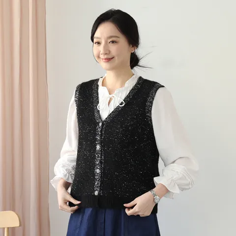 [웬디즈갤러리]로즈 버튼 브이넥 니트 조끼 /여성 반짝이 스팽글 베스트 UKN108 +할인쿠폰