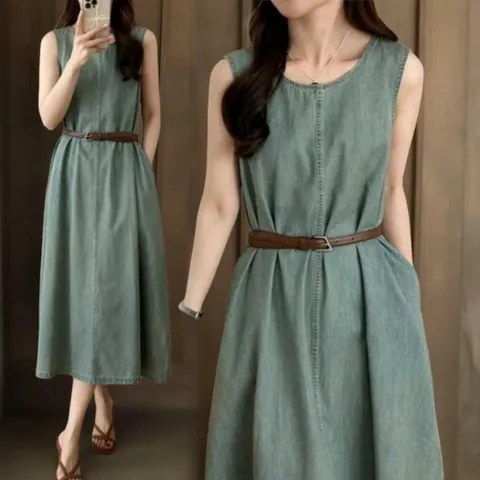 |CCO5767|여성 블루 롱 데님 민소매 원피스 벨트 세트