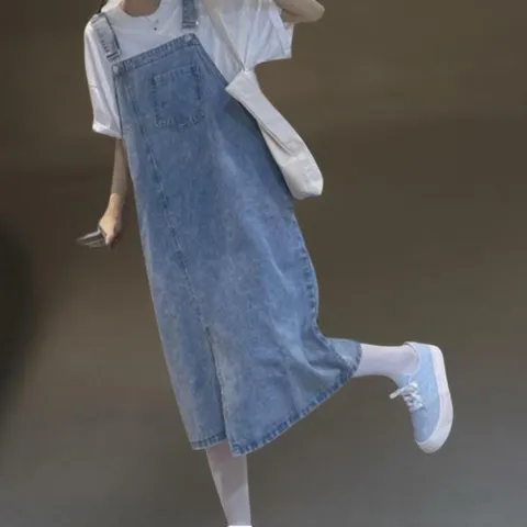 |CCO566D|여성 캐주얼 면 혼합 멜빵 데님 롱 드레스 사선 포켓