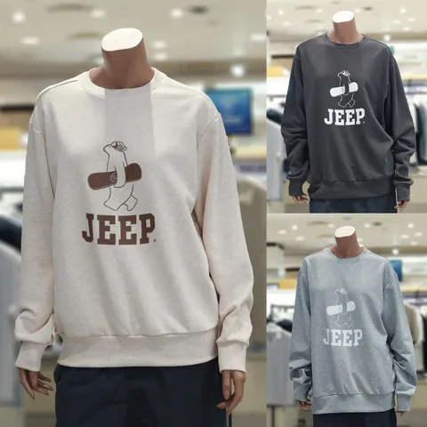 [현대백화점] [JEEP] 지프 보드 베어 루즈핏 맨투맨 티셔츠 JQ3TSU890 남 여 공용 오버핏 로고 프린트 긴팔