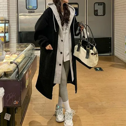티지엘 후드 레이어드 뽀글이 양털 오버핏 롱코트