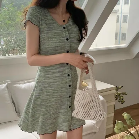 [하프클럽/옷자락]여자 스트라이프 배색 미니 여름 니트 원피스