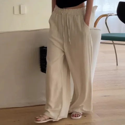 [샵앤] 여성 허리벤딩 린넨 와이드 통 여름 팬츠 21DS-WPT-5186-베이지