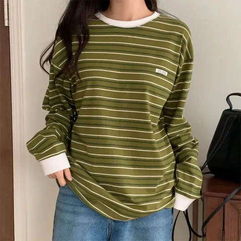 |KSTA0F8|여성 개강 시즌 배색 스트라이프 링거 라운드 루즈핏 티셔츠 봄용 +할인쿠폰