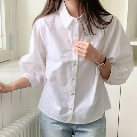 [하프클럽/옷자락]여자 봄 여름 심플 7부소매 셔링 코튼 블라우스