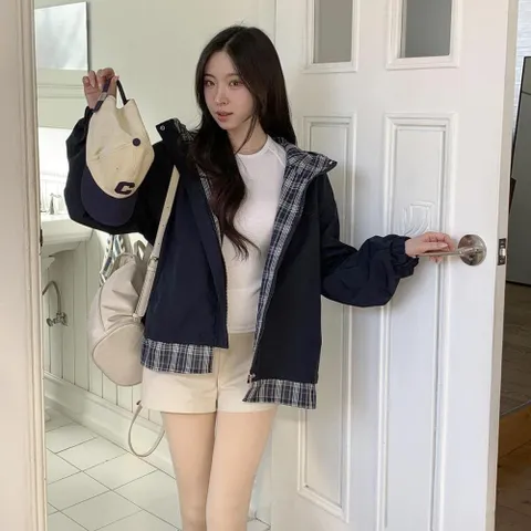 |CHJ6D78|여성 체크 후드 야상 점퍼 루즈핏 배색 스트링