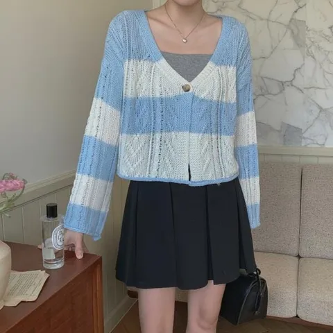 아트박스/신상오픈런 여성 브이넥 오버사이즈 줄무늬 가디건 원버튼 +할인쿠폰