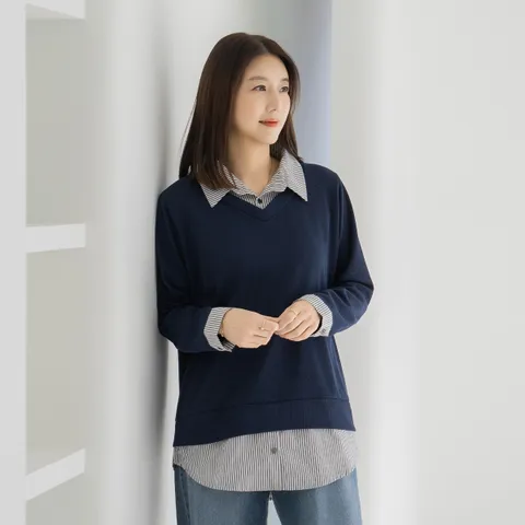 엄마옷 마담4060 티셔츠 중년여성 데일리 줄지배색카라티셔츠 -YTE2602025- +할인쿠폰