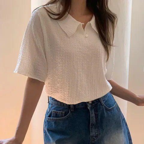 여자 지지미 카라넥 크림색 반소매 단추 SS 블라우스