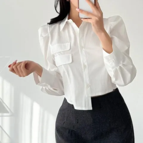 |KCH41F5|여성 언발란스 크롭 블라우스 페이크 포켓 디자인
