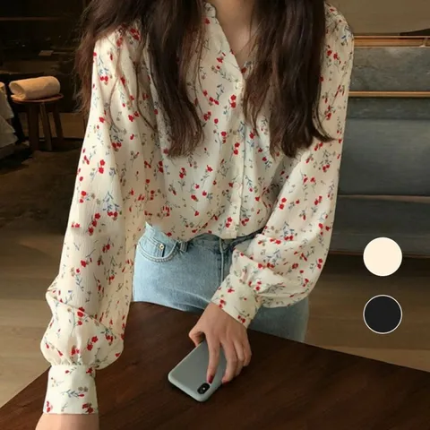 블라우스 브라우스 셔츠 플로럴 긴팔 쉬폰