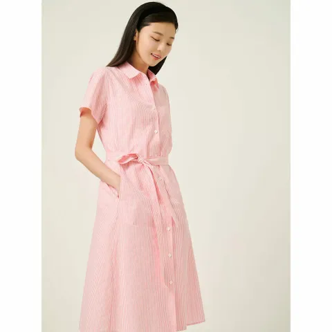 [우수고객전용] [빈폴레이디스] 스트라이프 텍스처 반소매 원피스  라이트 핑크 (BF5771C02Y) +할인쿠폰