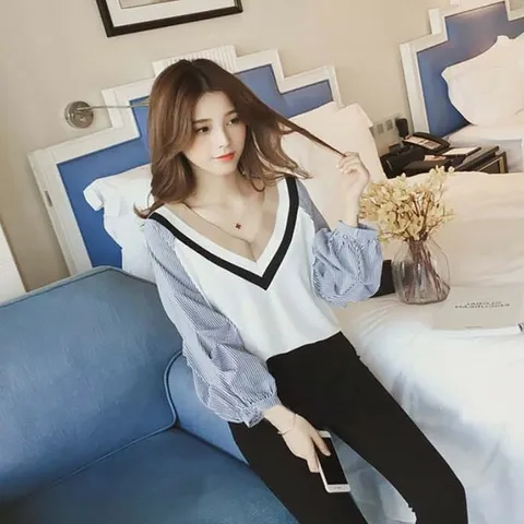 [하프클럽/옷자락]여성 고급스러운 브이넥 포인트 언발란스 일상 긴팔티