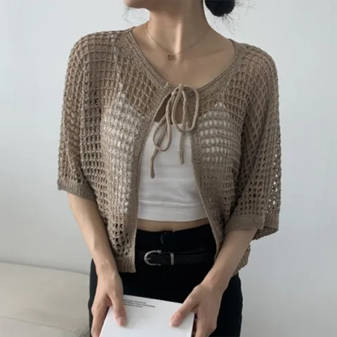 여자 바캉스룩 리본 반팔니트 네트 여름 오픈 가디건