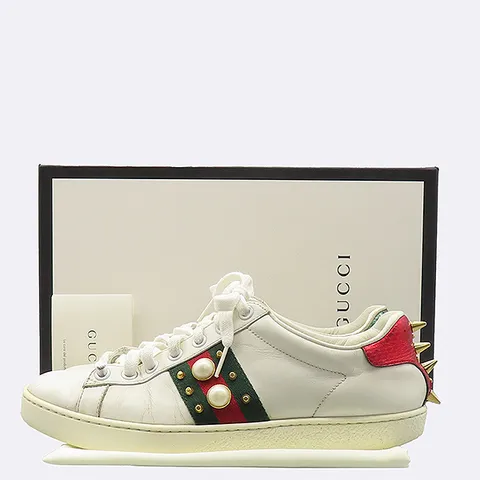 [중고] 구찌 431887 삼색 스티치 스터드 진주 장식 여성용 에이스 스니커즈 - 36½ K29303GU +할인쿠폰