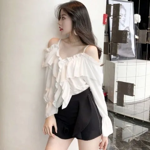 블라우스 브라우스 셔츠 긴팔 오프숄더 프릴 포인트 디자인 스타일 링