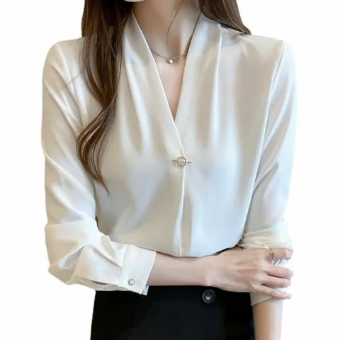 블라우스 브라우스 셔츠 긴팔 키밍 여성 쉬폰 화이트 베이직 브로치