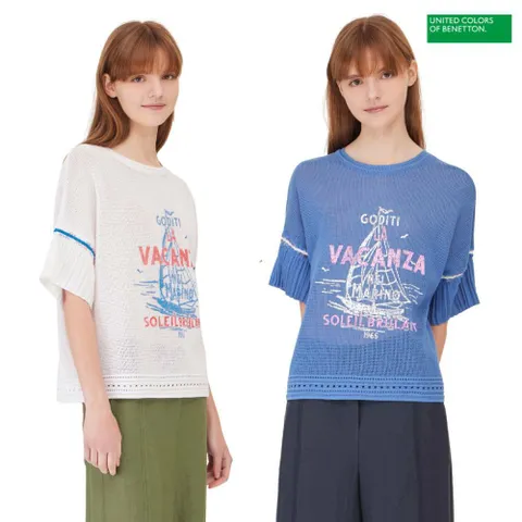 [베네통 본사 공식] 플리츠 슬리브 메쉬 니트_BAKP63531BL +할인쿠폰