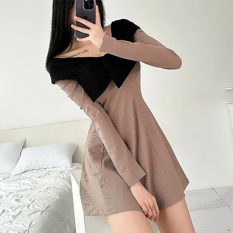 [하프클럽/다잇템]여자 넥포인트 리본오프숄더 출근룩 미니원피스