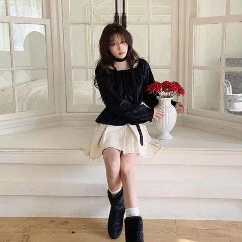아트박스/신상오픈런 여성용 벨벳 리본 크롭 블라우스 연말 스타일 +할인쿠폰
