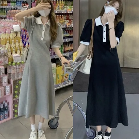 원피스 OPS 드레스 예쁜 여성 배색 셔링 퍼프 카라 반팔 롱