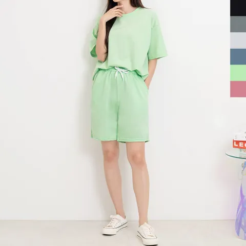 블레오[BLEO] 여성 여름 반팔 티셔츠 밴딩 5부 반바지 세트