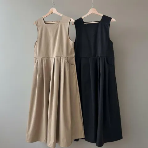 |CSO573F|여성 플리츠 스퀘어넥 민소매 롱 원피스 가을 하객용 박시 드레스