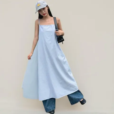 |KMO5706|여성용 논페이드 플레어 롱 원피스 데님 코튼 나시