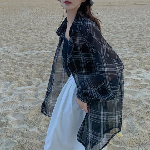 [유어하젤] 프리즈 시스루 체크 롱셔츠_M3980