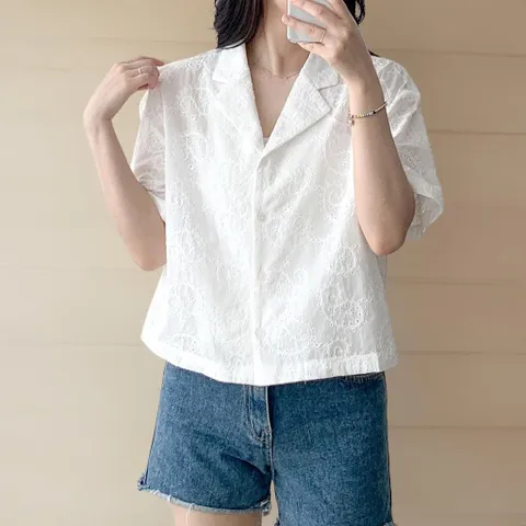 |KSH3D98|여성夏 크롭 반팔 적당한 시스루 면 셔츠 펀칭 디자인