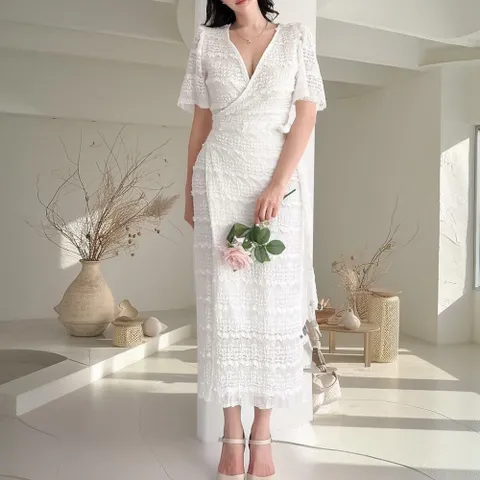 여성 레이스 귀여운 랩 흰색 롱 반소매 원피스