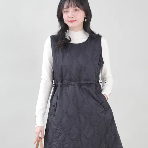 애비뉴투지 엄마옷 물결 누빔 퀼팅 허리스트링 주머니 라운드 여성 롱 패딩 조끼 원피스 K02513 +할인쿠폰