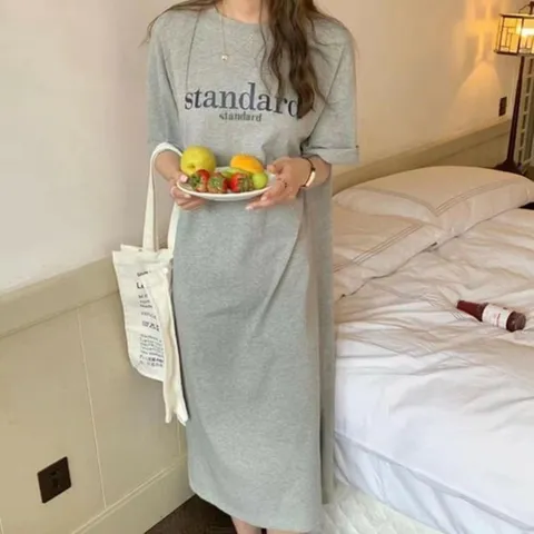 [하프클럽/옷자락]여자 레터링 포인트 라운드넥 반팔 롱 원피스