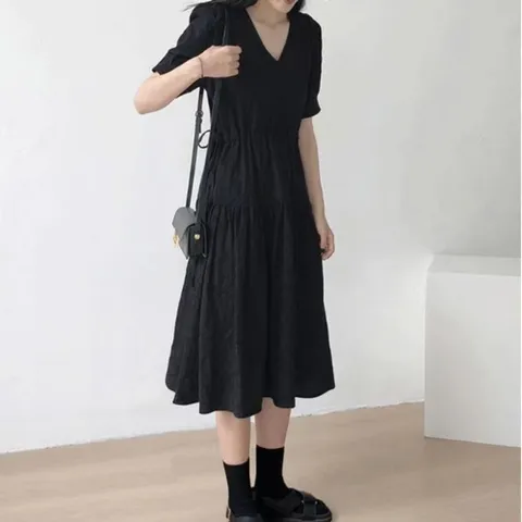 원피스 OPS 홈웨어 데일리 셔링 패션 올블랙 반팔 브이넥 여성
