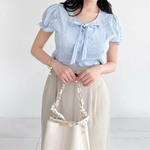 |CCH3F8D|여성 꽃무늬 자수 프릴 캡소매 블라우스