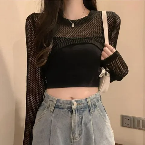 [하프클럽/옷자락]여자 봄 여름 휴양지룩 크롭 그물 네트 크롭 니트