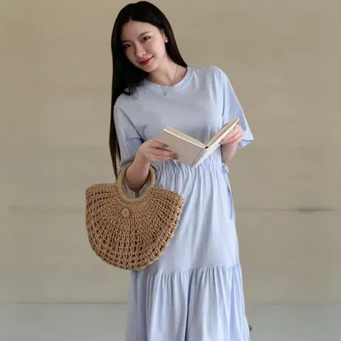 |KHO545C|여성 셔링 포인트 캉캉 허리스트랩 반팔 롱드레스
