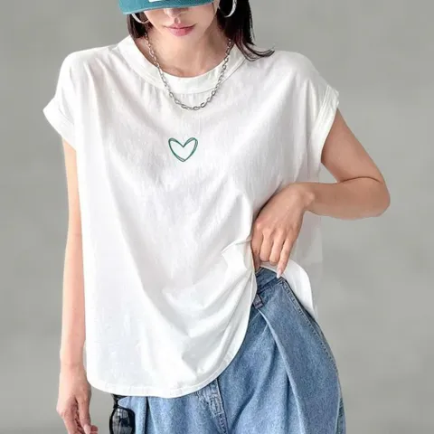 여성 캡소매 하트 그래픽 티셔츠 라운드넥 오버핏 루즈 나시